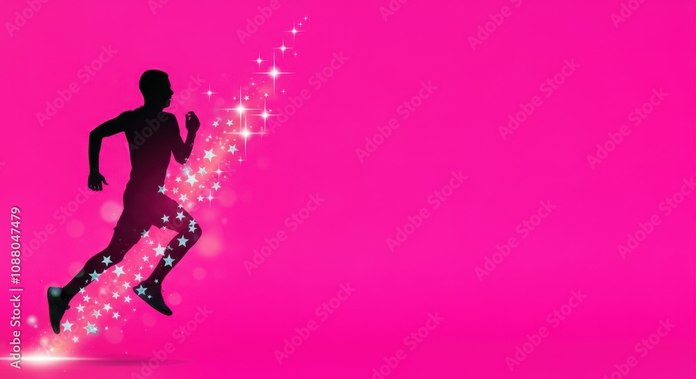 Silhouette of person running with star trail on pink background Silhouette of person running with star trail on pink background