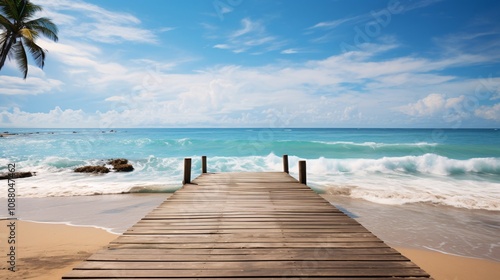 Fototapeta Naklejka Na Ścianę i Meble -  Gentle ocean waves lapping at a tropical beach with a wooden pier extending into the water