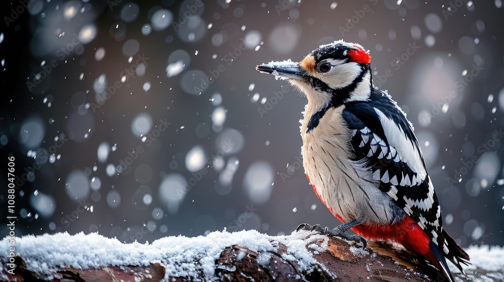 Obraz premium Great spotted woodpecker perched on snowy branch during snowfall.
