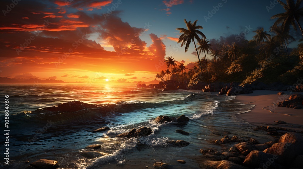 Sunset over a tropical beach with calm ocean waves and boats anchored offshore Sunset over a tropical beach with calm ocean waves and boats anchored offshore