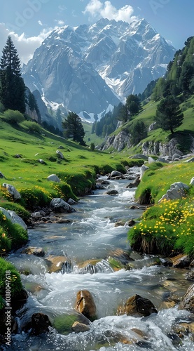 mountain stream flowing through the lush green landscape