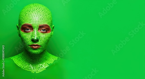 Woman with skin covered in green mosaic tiles against solid background photo