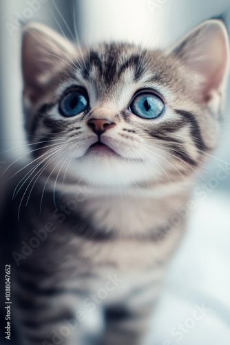 Adorable kitten with blue eyes looking upward	 photo