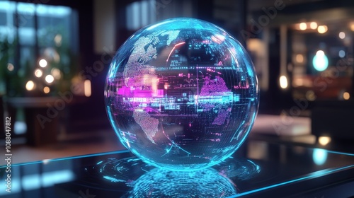 A digital holographic sphere displaying AI-generated personalized recommendations for travel, health, and entertainment. photo