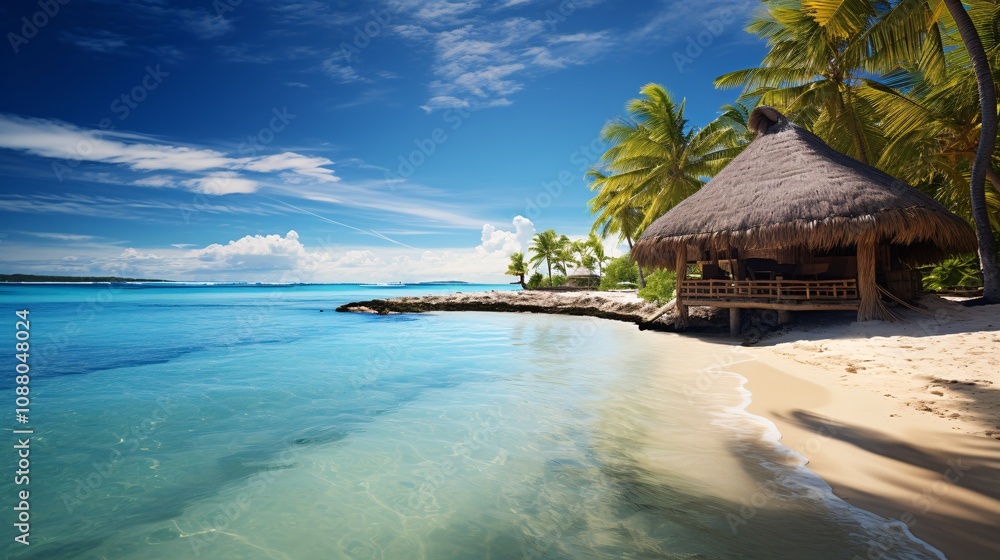 Clear blue ocean waves and a tropical beach with a thatched roof beach hut Clear blue ocean waves and a tropical beach with a thatched roof beach hut