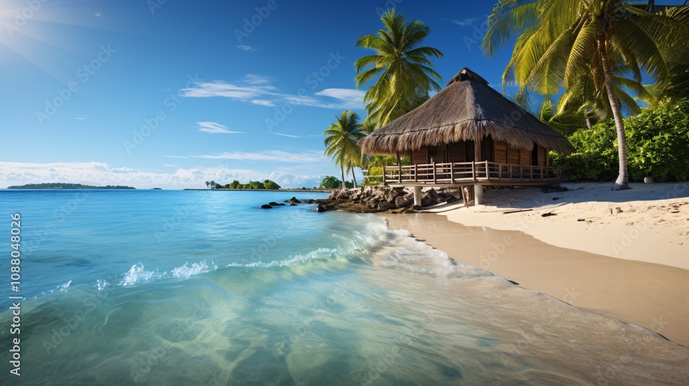 Clear blue ocean waves and a tropical beach with a thatched roof beach hut Clear blue ocean waves and a tropical beach with a thatched roof beach hut