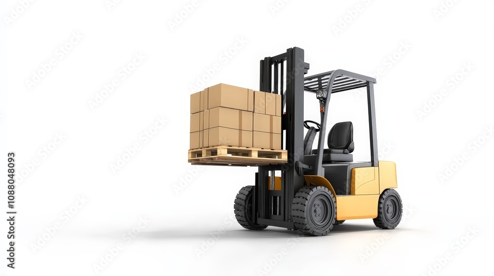 A forklift lifting a pallet of boxes, essential for warehouse transport, isolated on a white background A forklift lifting a pallet of boxes, essential for warehouse transport, isolated on a white background
