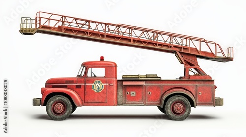 A firefighter's ladder truck, with an extended ladder, isolated on a white background