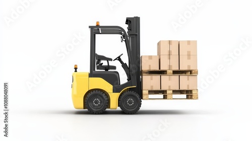 A forklift lifting a pallet of boxes, essential for warehouse transport, isolated on a white background photo