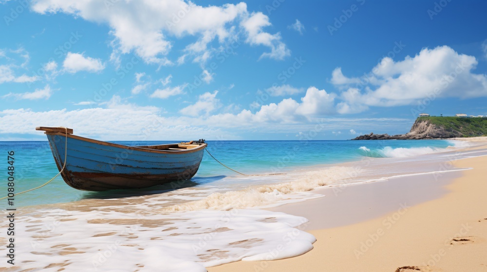 Ocean waves lapping at a tropical beach with a small fishing boat anchored offshore Ocean waves lapping at a tropical beach with a small fishing boat anchored offshore