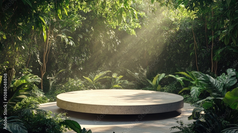 Lush jungle scene with circular concrete platform. Lush jungle scene with circular concrete platform.