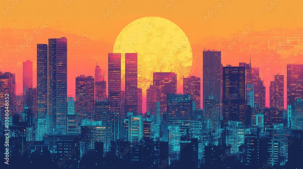 Vibrant sunset over a city skyline with a large, orange moon. Vibrant sunset over a city skyline with a large, orange moon.