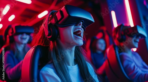 A group of friends in a virtual rollercoaster simulation, each wearing a VR headset, with expressions of excitement and fear as they experience the ride.