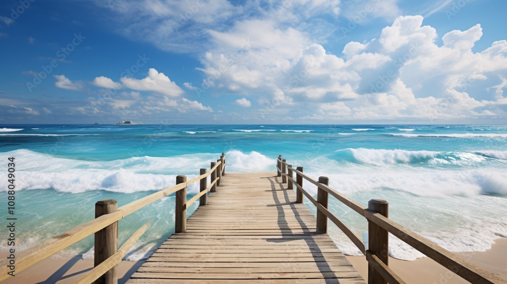 Gentle ocean waves lapping at a tropical beach with a wooden boardwalk Gentle ocean waves lapping at a tropical beach with a wooden boardwalk