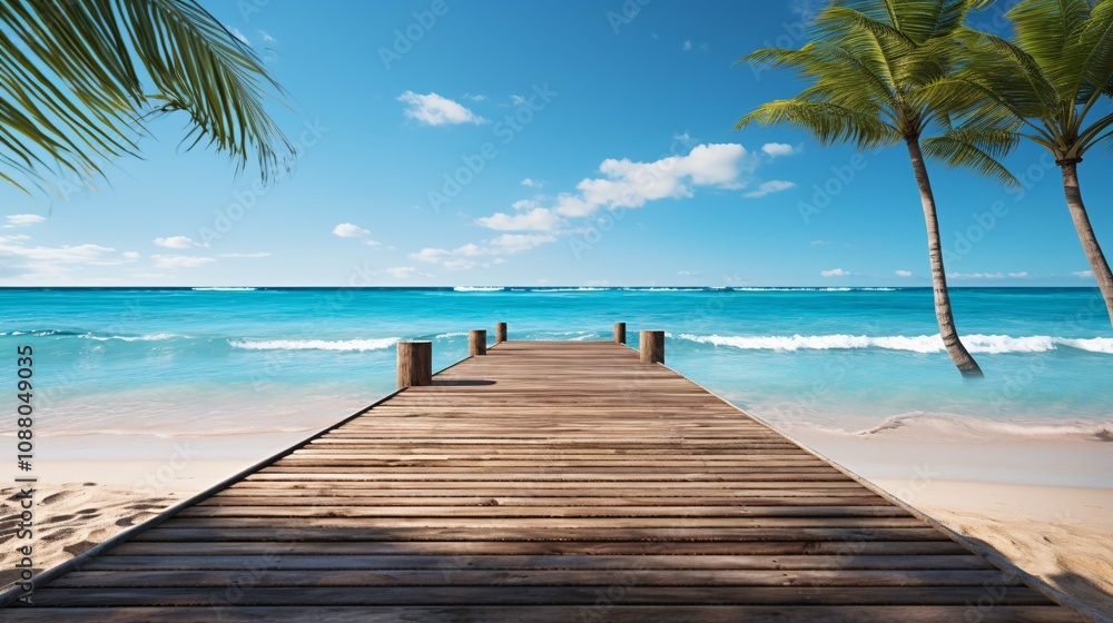 Fototapeta premium Gentle ocean waves lapping at a tropical beach with a wooden boardwalk