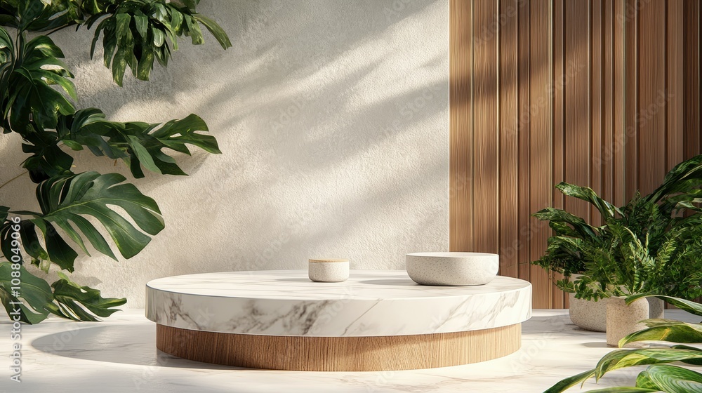 Round marble and wood podium with plants. Round marble and wood podium with plants.
