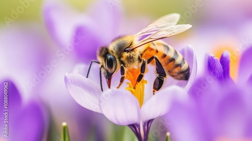 Bee Collecting Pollen From Purple Flower