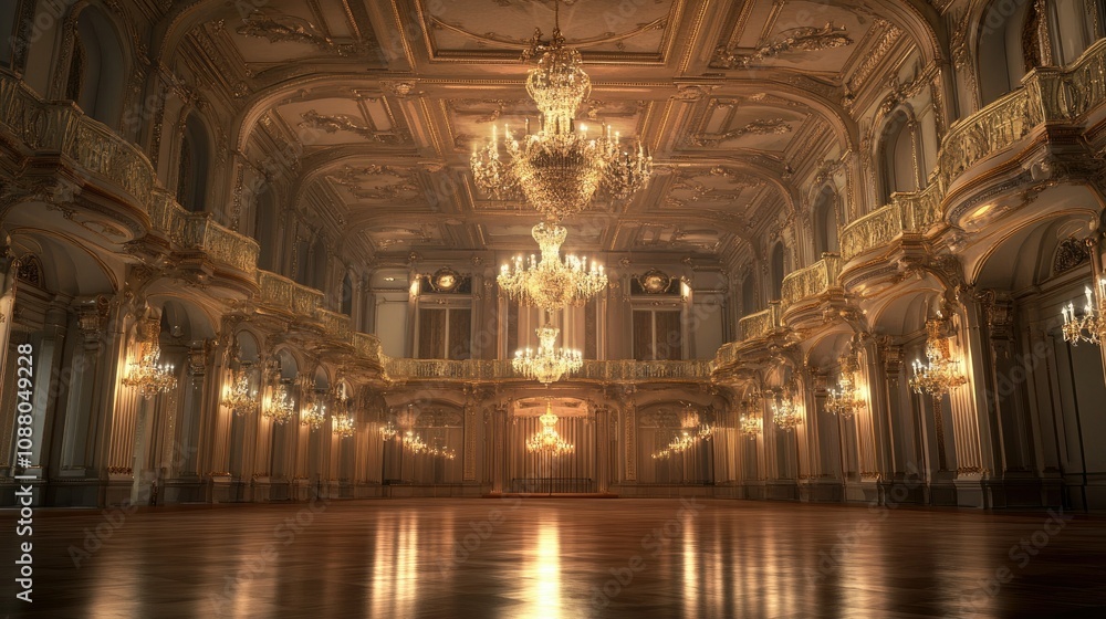 Grand ballroom interior, opulent chandeliers, gilded decor, wooden floor. Grand ballroom interior, opulent chandeliers, gilded decor, wooden floor.