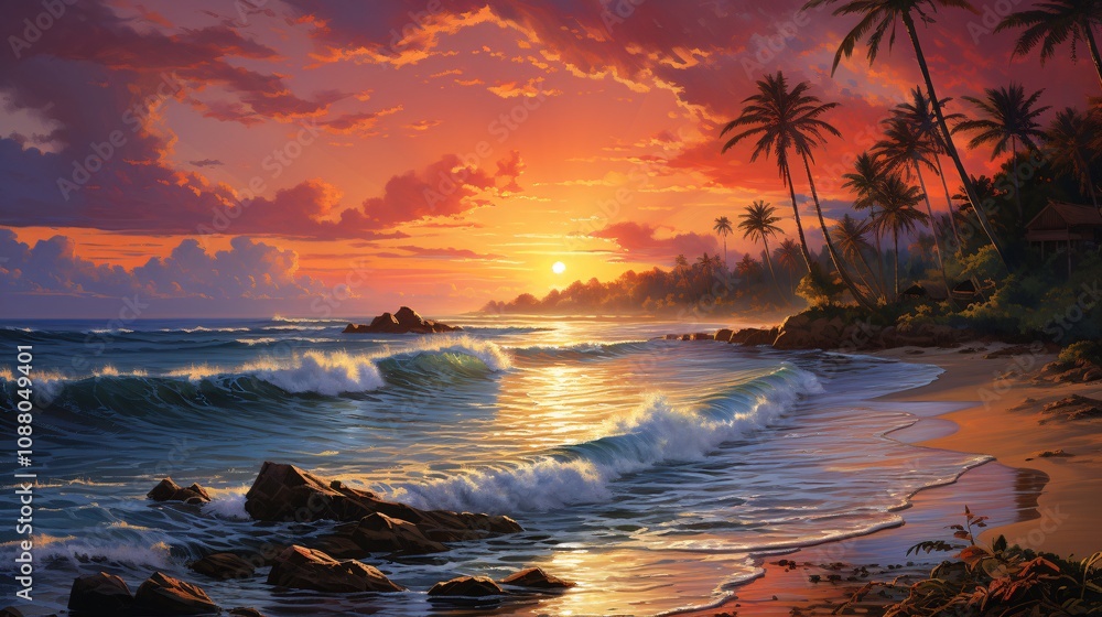 Sunset over a tropical beach with calm ocean waves and colorful skies Sunset over a tropical beach with calm ocean waves and colorful skies