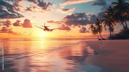 Airplane landing over a tropical beach at sunset.