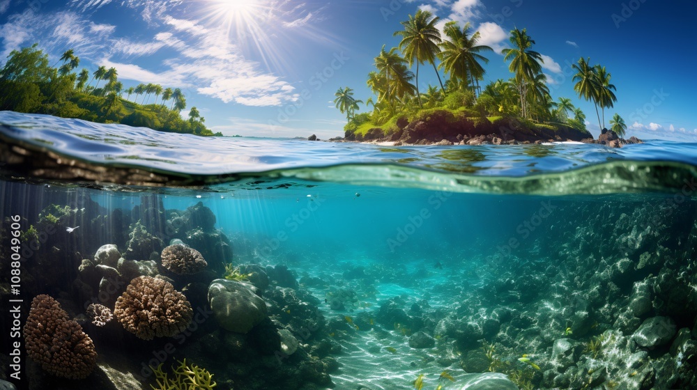 Waves breaking on a tropical beach with a vibrant coral reef and clear water Waves breaking on a tropical beach with a vibrant coral reef and clear water