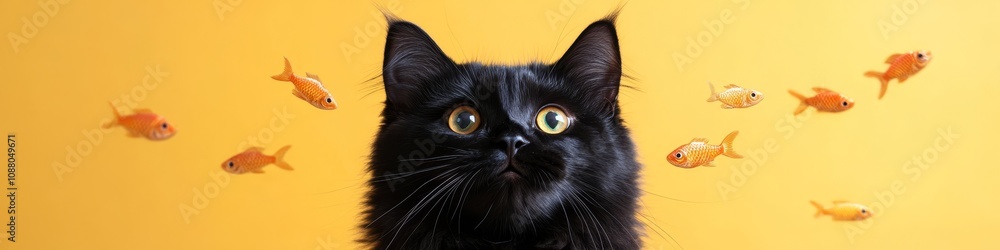 Black Cat with Yellow Eyes Stares into Camera Surrounded by Floating Goldfish on Yellow Background Black Cat with Yellow Eyes Stares into Camera Surrounded by Floating Goldfish on Yellow Background
