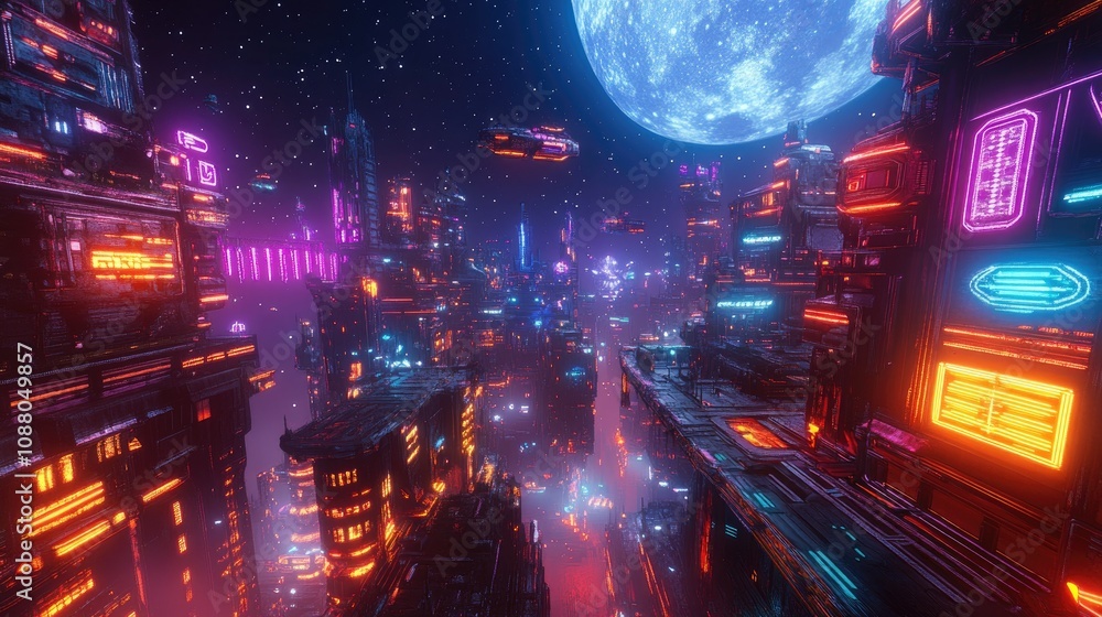 Obraz premium Futuristic cityscape at night with neon lights, flying vehicles, and a large moon.