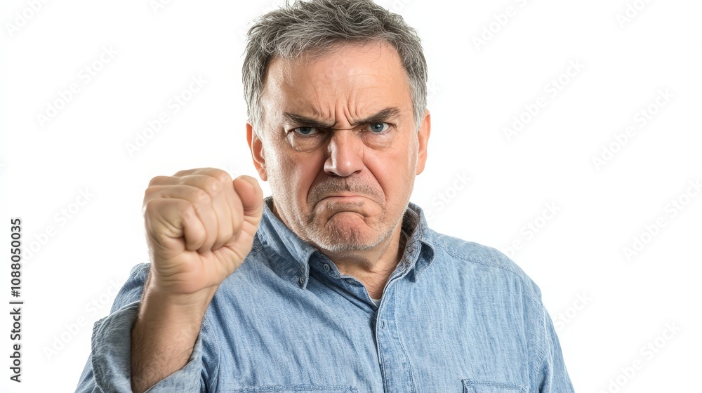 A man shaking his fist in frustration, showing anger, isolated on a white background A man shaking his fist in frustration, showing anger, isolated on a white background