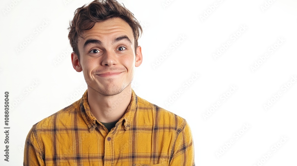A man with a smirk, expressing confidence and playfulness, isolated on a white background