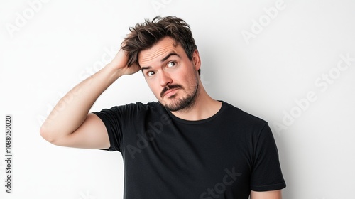 A man scratching his head in confusion, showing puzzlement, isolated on a white background