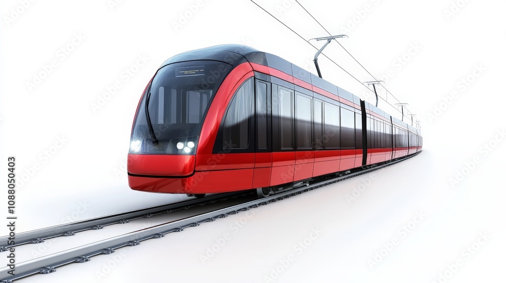 A modern light rail train gliding along tracks, isolated on a white background A modern light rail train gliding along tracks, isolated on a white background