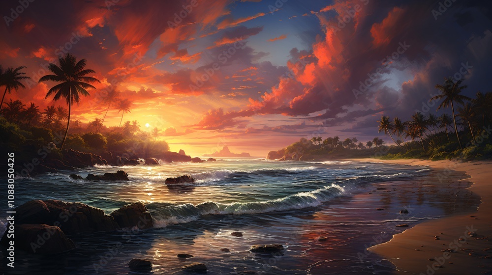 Sunset over a tropical beach with calm ocean waves and colorful skies Sunset over a tropical beach with calm ocean waves and colorful skies