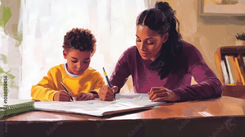 A mother sitting at a table with her son, assisting him with his homework, their expressions showing concentration and care, in a comfortable home setting. A mother sitting at a table with her son, assisting him with his homework, their expressions showing concentration and care, in a comfortable home setting.