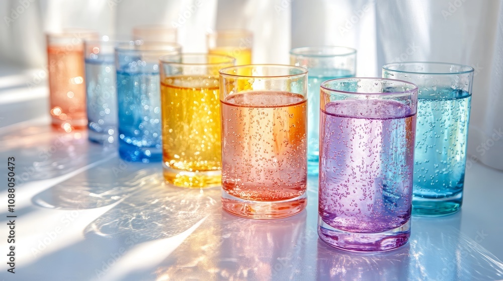 Rainbow of Refreshment Colorful Cocktail Glasses with Sparkling Water, Backlit by Sunlight. Rainbow of Refreshment Colorful Cocktail Glasses with Sparkling Water, Backlit by Sunlight.