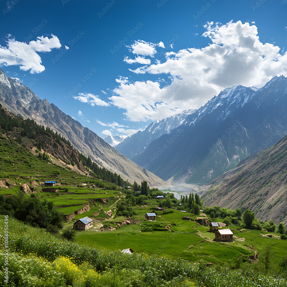Breathtaking View of Serene Mountain Valley with Lush Green Fields and Traditional Houses Beneath Dramatic Sky and Majestic Peaks in the Distance Breathtaking View of Serene Mountain Valley with Lush Green Fields and Traditional Houses Beneath Dramatic Sky and Majestic Peaks in the Distance