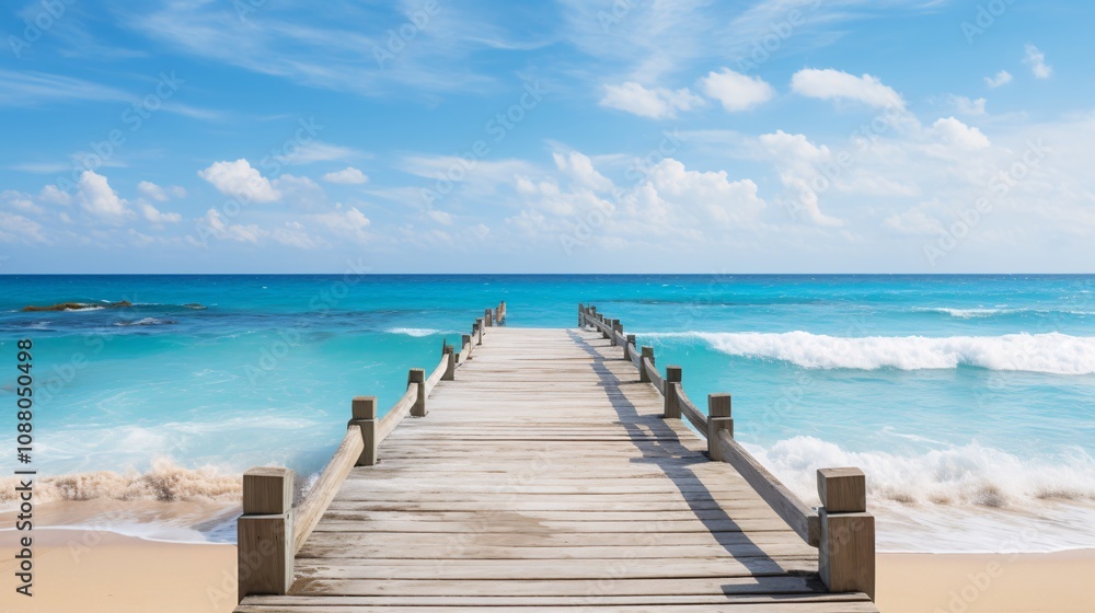 Soft ocean waves on a tropical beach with a wooden pier extending into the water Soft ocean waves on a tropical beach with a wooden pier extending into the water