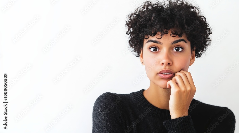 A person biting their lip nervously, showing anxiety, isolated on a white background A person biting their lip nervously, showing anxiety, isolated on a white background