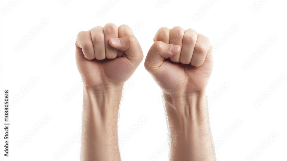 A person clenching their fists and smiling in triumph, isolated on a white background A person clenching their fists and smiling in triumph, isolated on a white background