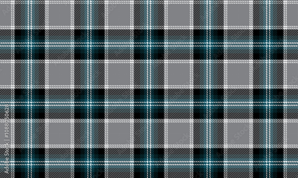 Fototapeta premium Plaid fabric pattern, gray, black, green, white, seamless for textiles, and for designing everyday clothes, skirts, pants or decorative fabrics. Vector illustration.