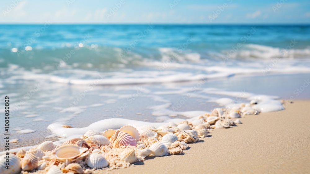 Gentle ocean waves lapping at a tropical beach with seashells scattered in the sand Gentle ocean waves lapping at a tropical beach with seashells scattered in the sand