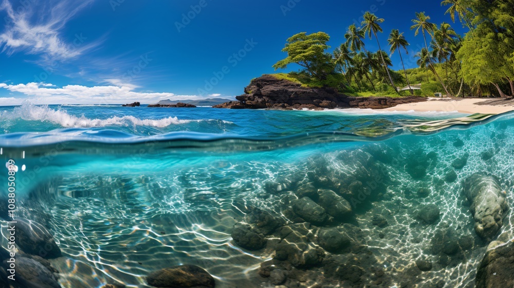 Ocean waves lapping at a tropical beach with vibrant coral reefs and clear water Ocean waves lapping at a tropical beach with vibrant coral reefs and clear water