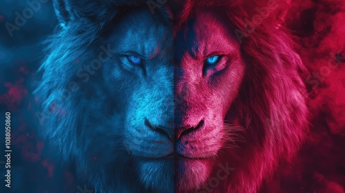 Dual-colored lion portrait, split face, blue and red. photo