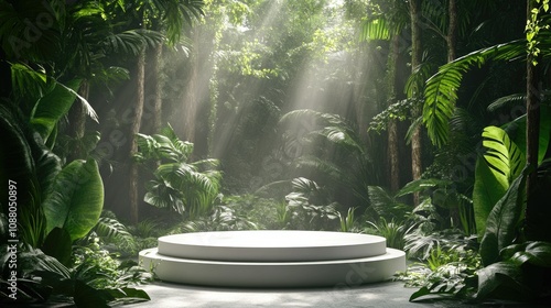 Lush tropical jungle scene with empty white pedestal. photo