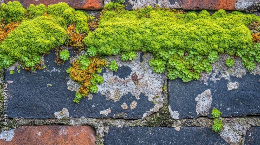 Close-up of Moss and Plants Growing on a Brick Wall Close-up of Moss and Plants Growing on a Brick Wall