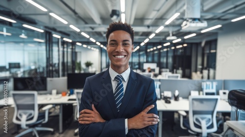 Smiling Confident Professional in Business Attire in Modern Office Setting, Emphasizing Positivity and Professionalism