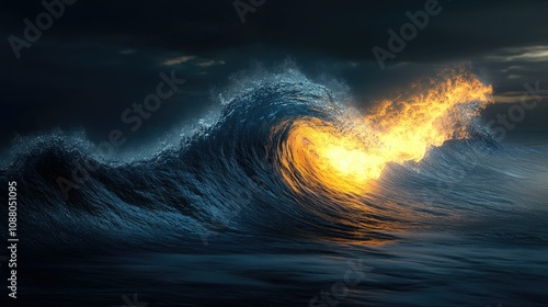 Fiery ocean wave crashing at night.