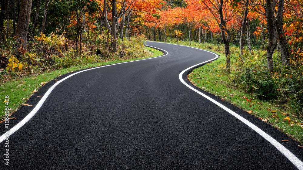 Fototapeta premium Winding asphalt road surrounded by colorful autumn trees