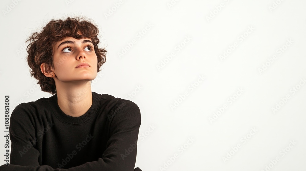 Fototapeta premium A person sitting with a serious expression, deep in thought, isolated on a white background