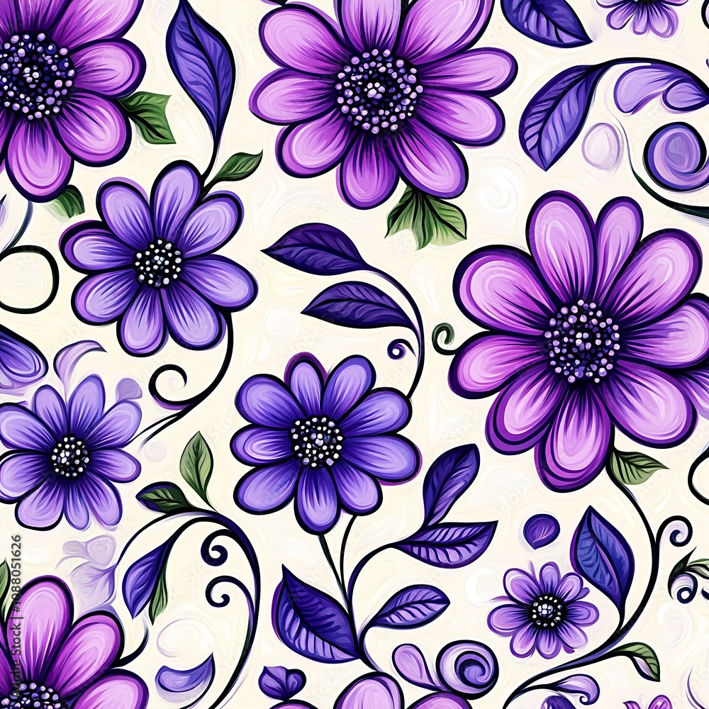 A Seamless Pattern of Purple Flowers and Leaves on a White Background A Seamless Pattern of Purple Flowers and Leaves on a White Background