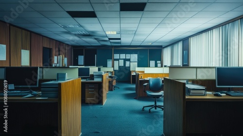Fototapeta Naklejka Na Ścianę i Meble -  Empty, dimly lit office space with cubicles, computers, and desks.